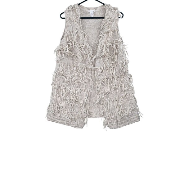 H&M Fringe Knit Sleeveless Cardigan Beige Acrylic Blend XS Layered Boho Vest - Picture 1 of 9